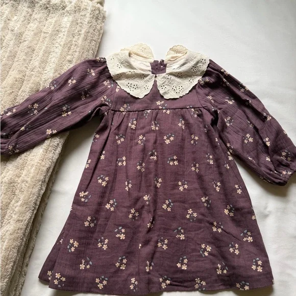 Zara Purple Floral Kids Dress with Lace Collar - Picture 2 of 6